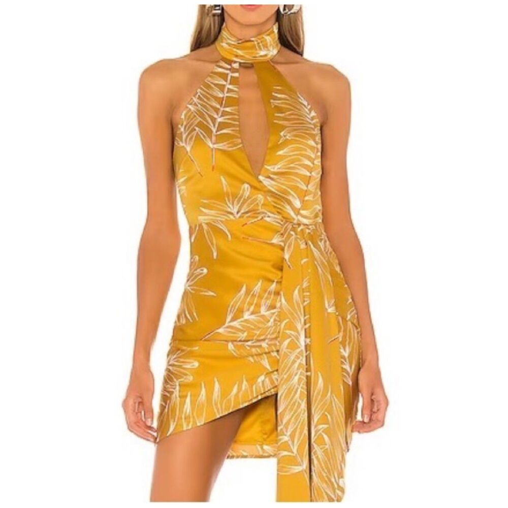 Camila Coelho Draped High Neck Cutout Mini Dress Tropical Gold XXS